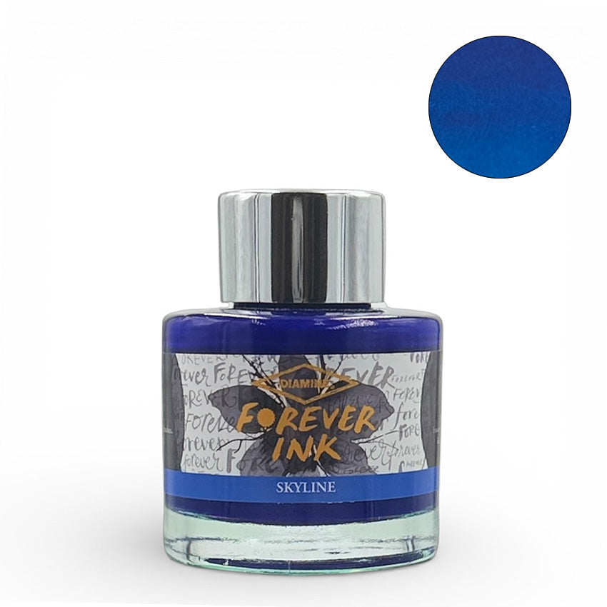 Diamine Skyline (Forever Ink) - 50ml fountain pen ink in clear glass bottle with silver cap, showcasing bright blue waterproof, lightfast ink and label.
