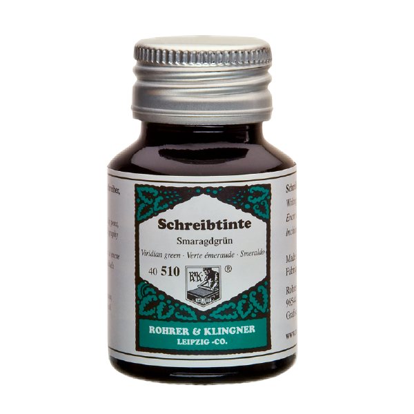 Rohrer & Klingner's Smaragdgrun - 50ml fountain-pen ink in a small glass bottle, featuring a classic label, ideal for writing or artistic use.