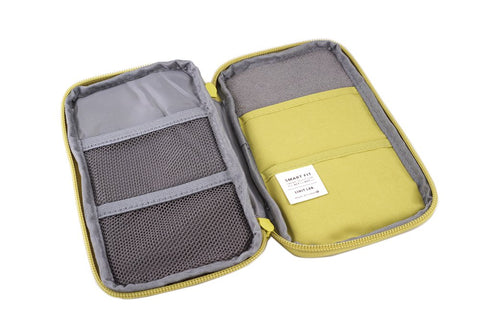 Smart Fit Compact Pen Case (Yellow) open, showing two mesh pockets and two fabric-lined slip pockets, ideal for organizing pens and small accessories.