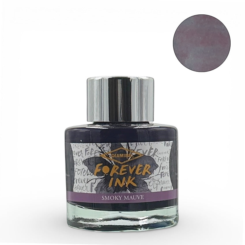 Diamine Smoky Mauve Forever Ink fountain pen ink, 50ml bottle with silver cap, featuring dusky purplish-gray waterproof pigment. Ideal for lasting writing and artwork.