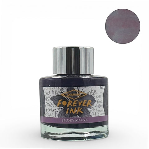 Diamine Smoky Mauve Forever Ink fountain pen ink, 50ml bottle with silver cap, featuring dusky purplish-gray waterproof pigment. Ideal for lasting writing and artwork.