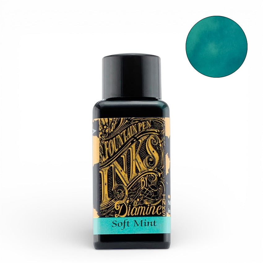Diamine Soft Mint - 30ml fountain pen ink, showcasing a minty-teal hue swatch, renowned for smooth flow and vegan-friendly formula, ideal for vintage pens.