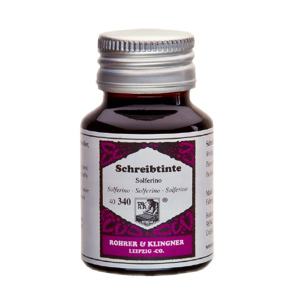 Rohrer & Klingner Solferino - 50ml ink bottle, showcasing a compact design, is ideal for fountain pens, reflecting Leipzig's handcrafted tradition since 1892.