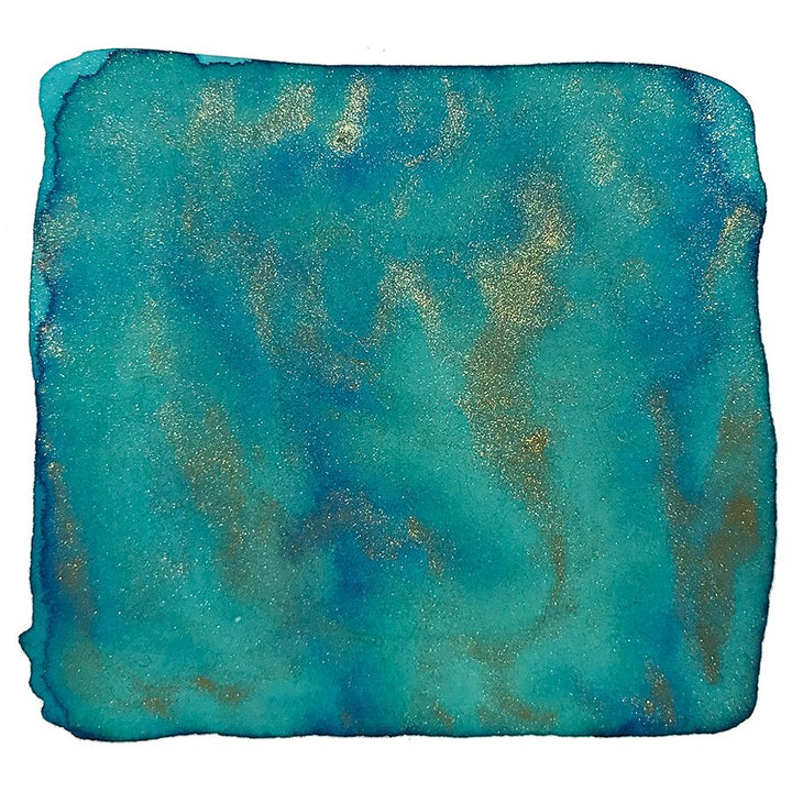 Song of Jiang Nan - 18ml ink swatch, featuring a teal-blue wash with shimmering gold flecks, inspired by Tang Dynasty poetry.