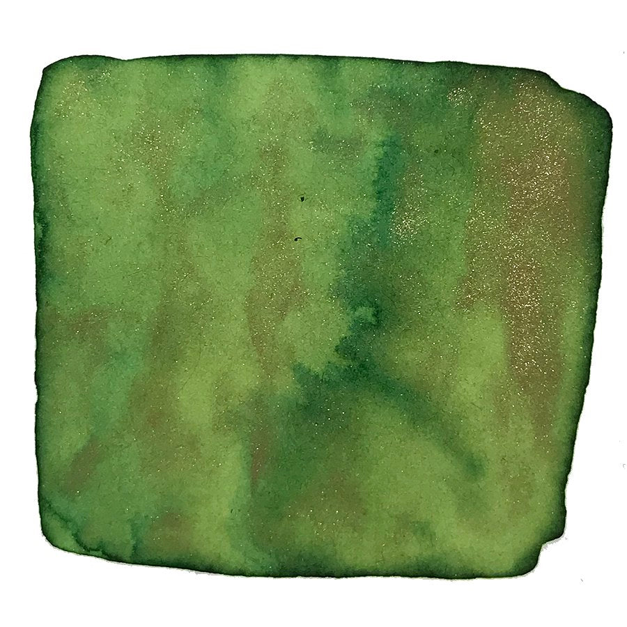 Song of Yan Ge - 18ml ink sample; green with fine gold shimmer, inspired by ancient poetry, shown on white paper.
