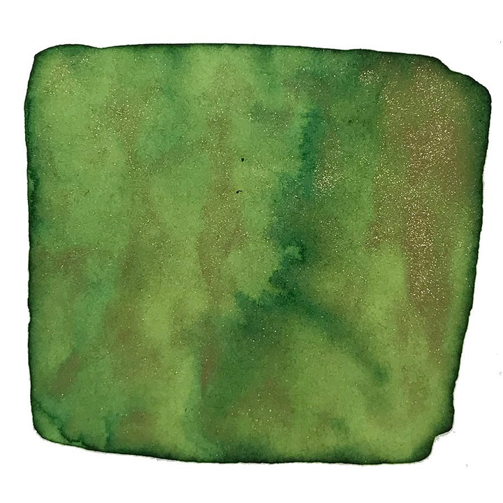 Song of Yan Ge - 18ml ink sample; green with fine gold shimmer, inspired by ancient poetry, shown on white paper.