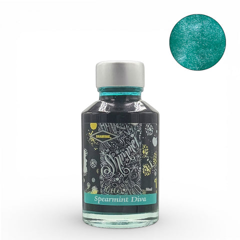 Diamine Spearmint Diva (Shimmer) fountain pen ink, 50ml glass bottle, showcasing green-teal shimmer particles.