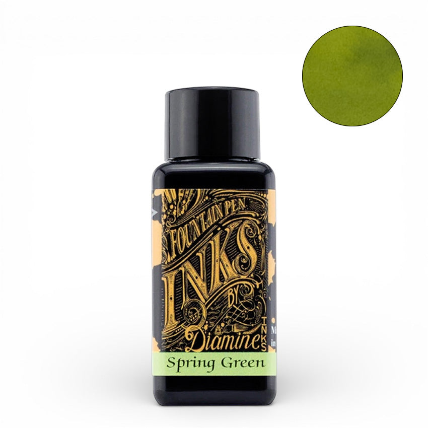 Diamine Spring Green - 30ml fountain pen ink in a black bottle with a gold-lettered label, showcasing the vibrant spring-green shade.