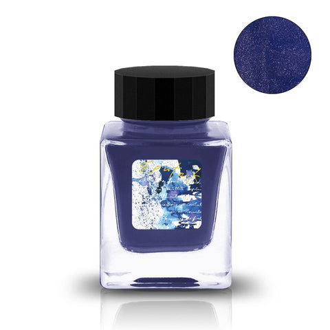 Sputnik (Shimmer) - 30ml: A square glass jar with navy-blue ink, featuring metallic shimmer particles and a black screw-on lid, by Tono & Lims.