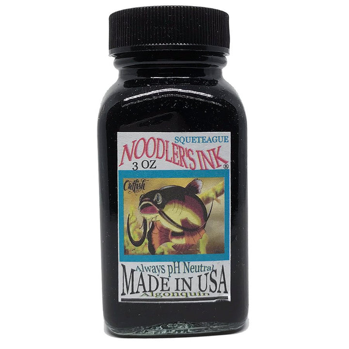 Squeteague - 2ml: A 3-ounce glass bottle of Noodler's Ink, featuring a Catfish label, known for its pH-neutral, dye-based fountain pen ink.