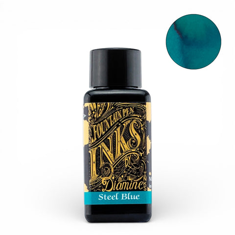 Diamine Steel Blue - 30ml fountain pen ink in a black glass bottle with a gold label, showcasing its vibrant teal-blue swatch.