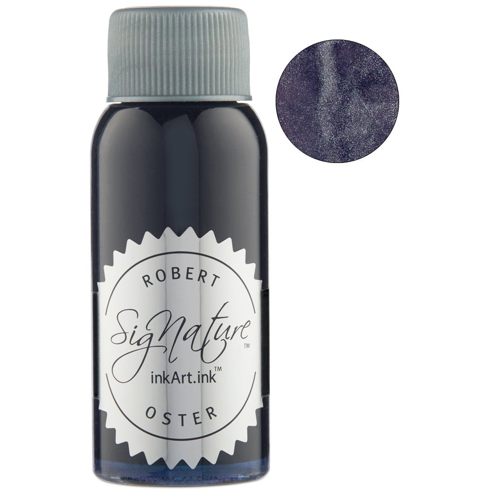 Robert Oster Sterling Silver (Shake 'N' Shimmy) - 2ml ink sample in a labeled plastic bottle, featuring a close-up of its shimmery, deep color swatch.
