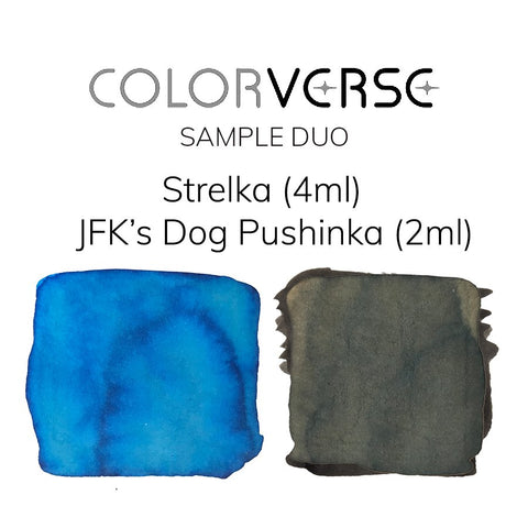 Colorverse Strelka and JFK's Dog Pushinka ink set, featuring bright blue and charcoal/olive-grey sample swatches, from the Trailblazer In Space Collection.