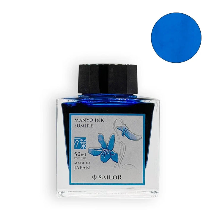 Sailor Manyo Sumire 50ml fountain pen ink bottle with blue swatch