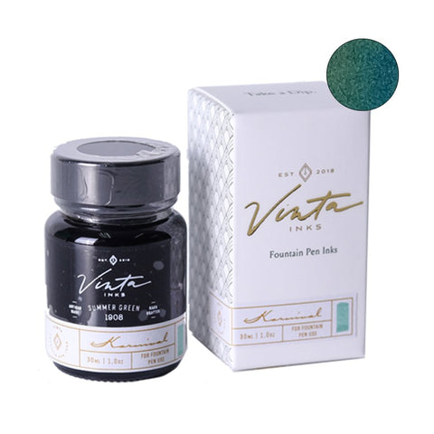 30ml bottle of Vinta Inks' Summer Green (Carnival 1908) with its branded box, reflecting the ink's inspiration from Manila Carnival fields.