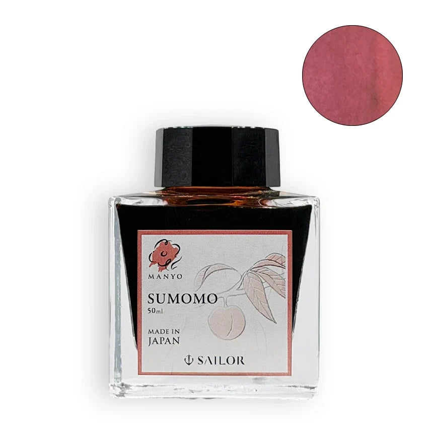 Sailor Manyo Sumomo 50ml fountain pen ink bottle with pink-red swatch