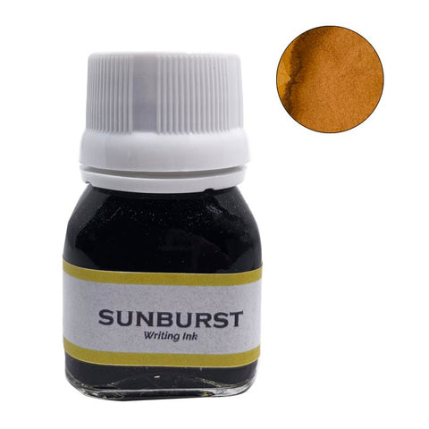 Sunburst - 20ml: Glass bottle of Krishna Inks' dye-based writing ink with white cap, features a golden-yellow shade label SUNBURST Writing Ink for vivid, saturated color.