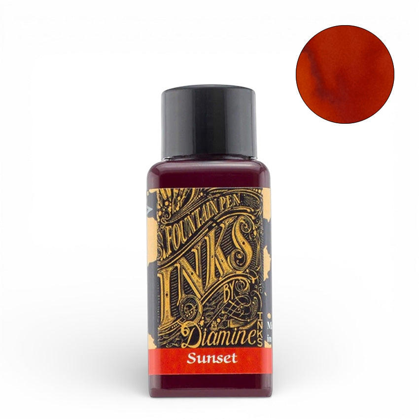 Diamine Sunset - 30ml fountain pen ink in a rectangular bottle with gold label, showcasing its rich, warm hue, ideal for collectors and writing enthusiasts.