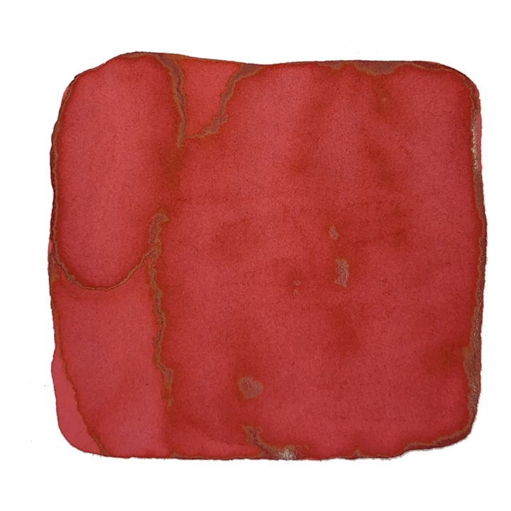 Swatch of Taccia Sunset (Lip Color) ink, featuring a textured red watercolor wash with subtle tone variations, inspired by lipstick shades, in a 30ml bottle.