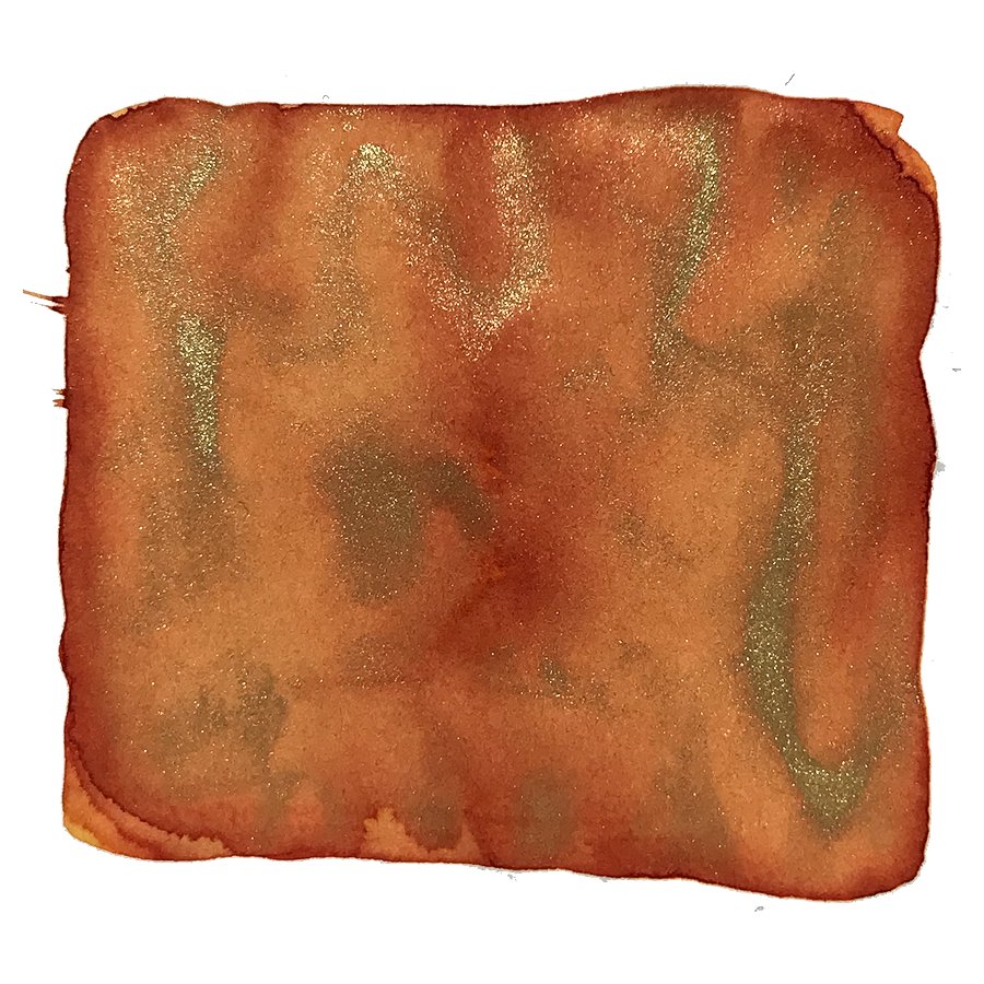 Sunshine Song - 18ml ink swatch shows a shimmering orange-copper hue with green-gold undertones, reflecting its dye-based, shimmering nature from the Ancient Song collection.