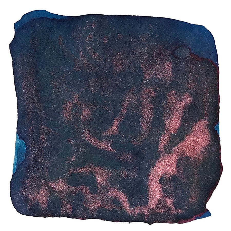 Ham #65 (Glistening) - 2ml ink sample showcases a dark blue-black hue with metallic pink shimmer, offering a marbled, sparkling effect.