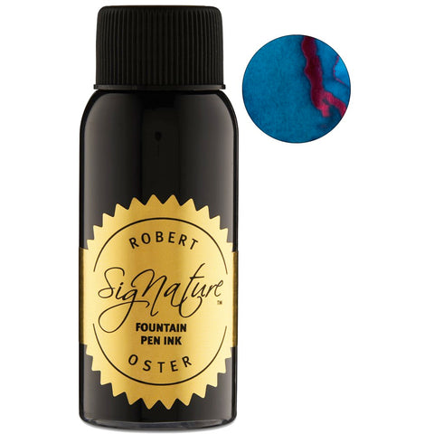 Bottle of Robert Oster Signature Ink, Taiwan Blue - 50ml, with a teal swatch displaying a pinky-red sheen, emphasizing vibrant, sustainable, and smooth-writing qualities.