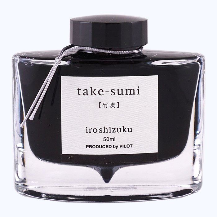 Iroshizuku Ink - Take Sumi (50ml) bottle, showcasing its sleek design and compact size, representing Pilot's premium fountain-pen ink in bamboo charcoal shade.