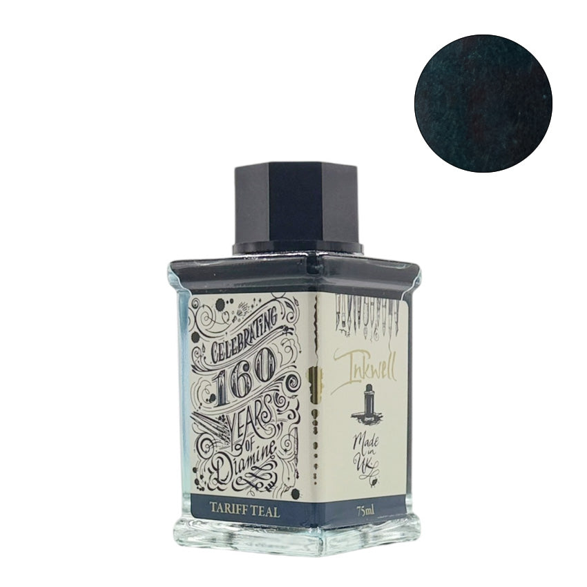 Diamine Tariff Teal (160th Anniversary) fountain pen ink, 75ml glass bottle, part of the limited-edition Inkwell series celebrating Diamine's 160-year legacy in vibrant trade history.