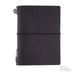 Passport Leather Cover (Black) with elastic closure and metal charm, hand-made in Chiangmai, featuring refillable design, includes a blank notebook and cotton pouch.