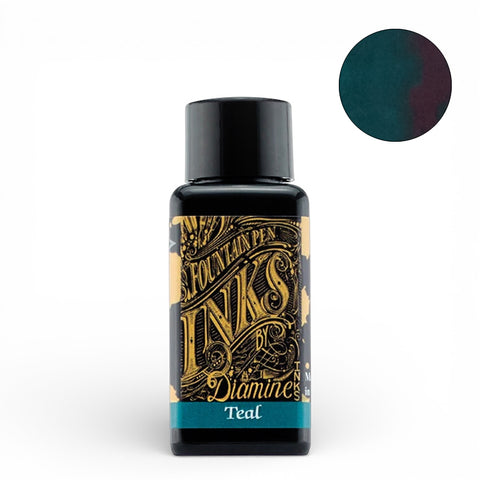 Diamine Teal - 30ml fountain pen ink bottle, showcasing rich color and smooth performance, ideal for vintage pens and writing enthusiasts.
