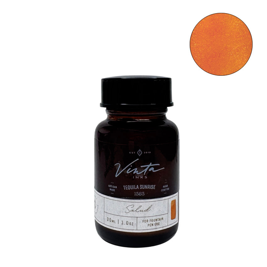 Vinta Inks Tequila Sunrise (Salud 1565) fountain pen ink, 30ml amber-glass bottle, showcases a bright orange hue with gold shimmer from the Summer Cocktails collection.