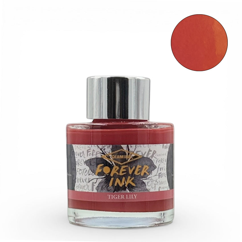 Diamine Tiger Lily Forever Ink - 50ml bottle of waterproof, pigment-based fountain pen ink in bright reddish-orange, ideal for lasting writing and artwork.