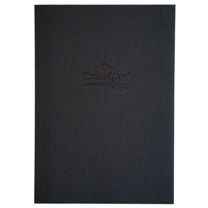 Tomoe River Notebook A5 - Dot Grid, black textured hardcover with embossed mountain logo and Traveler’s Notebook text, showcasing sleek design and quality craftsmanship.