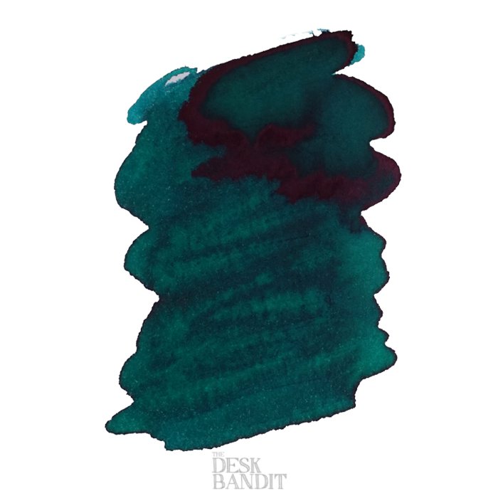 Tranquility - 2ml ink sample by Robert Oster, featuring a vertical teal-green brushstroke with a reddish-maroon sheen, set against a white background with a faint watermark.