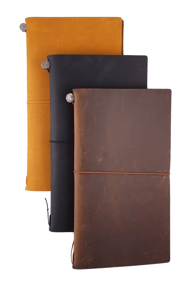 Leather Cover (Black), handmade in Chiangmai, features a soft wrap-around design with elastic bands, a blank notebook, and a cotton pouch, ideal for travelers.