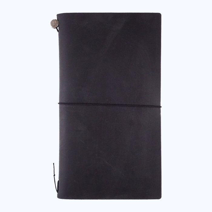 Leather Cover (Black) with elastic closure, features a soft leather exterior, elastic slots for inserts, and a metal charm, ideal for versatile journaling.