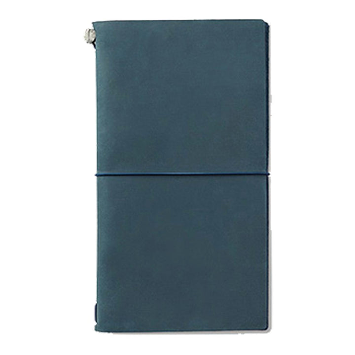 Leather Cover (Blue) for Traveler's Notebook, featuring a soft leather exterior with an elastic band closure, includes a blank notebook and cotton pouch.