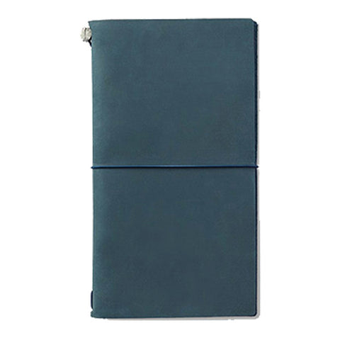 Leather Cover (Blue) for Traveler's Notebook, featuring a soft leather exterior with an elastic band closure, includes a blank notebook and cotton pouch.