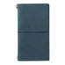 Leather Cover (Blue) for Traveler's Notebook, featuring a soft leather exterior with an elastic band closure, includes a blank notebook and cotton pouch.