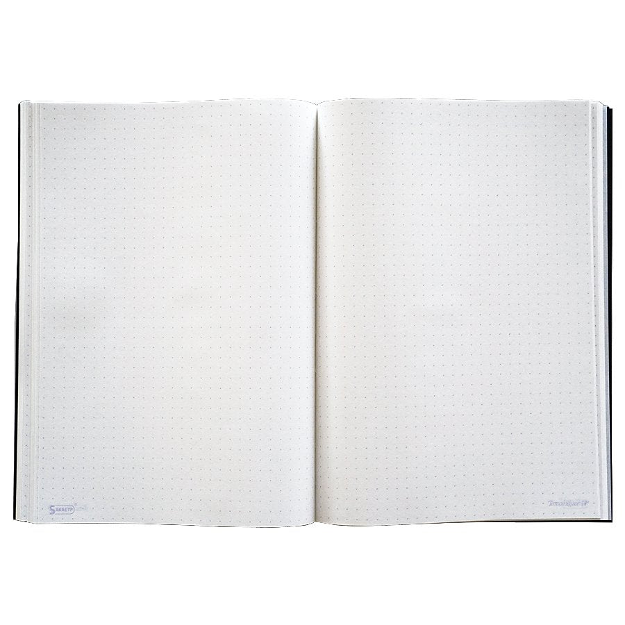Open Tomoe River Notebook A5 - Dot Grid, displaying two blank dot-grid pages, ideal for bullet journaling, featuring premium Tomoe River paper for smooth writing.