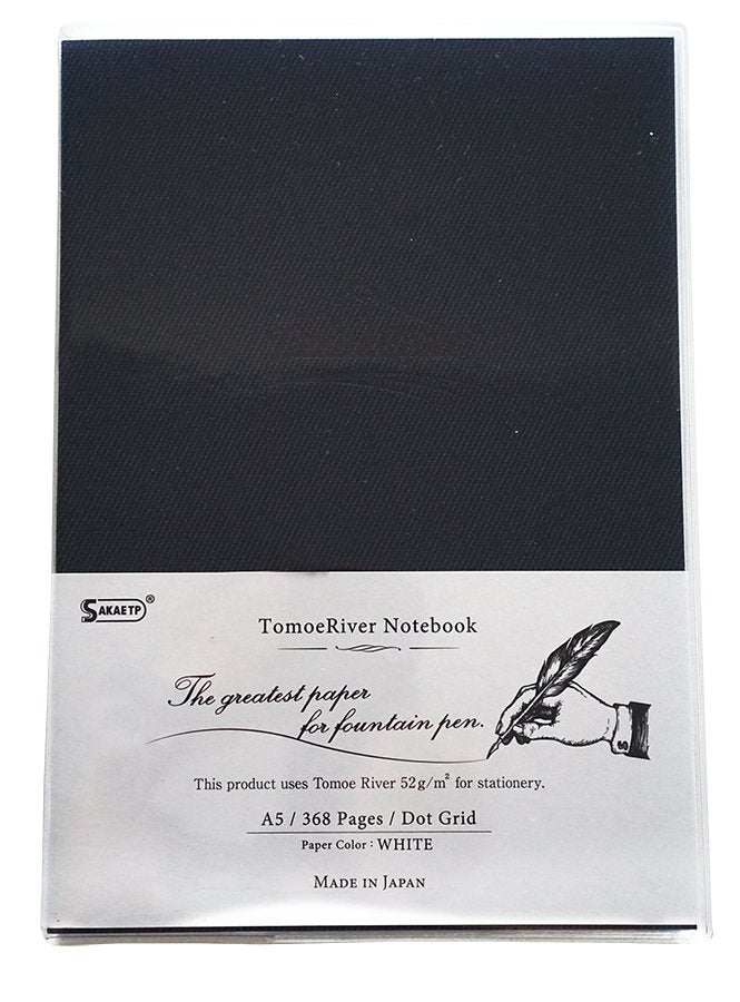 Tomoe River Notebook A5 - Dot Grid, featuring 368 dot-grid pages of 52gsm fountain pen-friendly paper, embossed logo on a slightly flexible cover, packaged with a protective cover.
