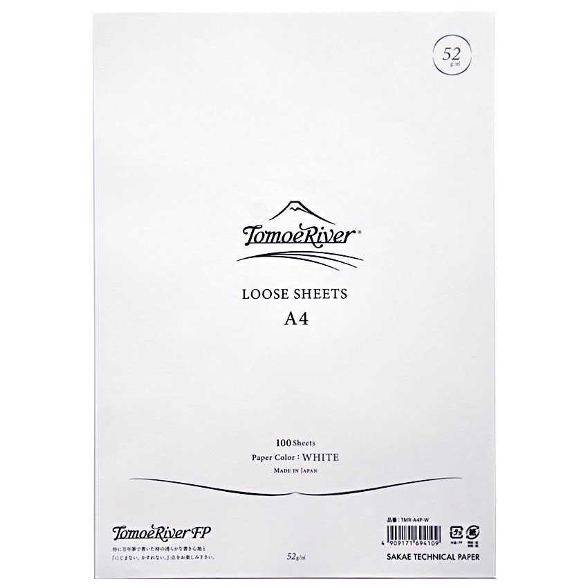 A4 White 52gsm- 100 Sheets (Blank) loose-leaf paper pack by Tomoe River, ideal for fountain pens, featuring 100 high-quality sheets made in Japan.