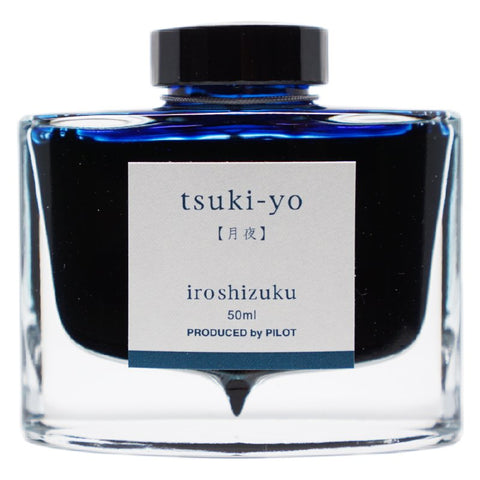 Iroshizuku Ink - Tsuki Yo (50ml), displayed in a square clear glass bottle with a black lid and white label, showcasing Pilot’s moonlit night blue ink.