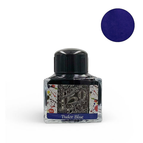 Diamine Tudor Blue (150th Anniversary) fountain pen ink, 40ml square glass bottle, with black cap, celebrates 150 years with vegan-friendly formula, suitable for vintage pens.
