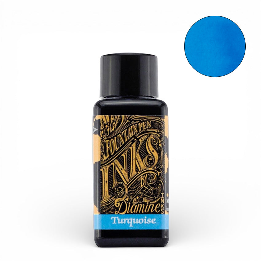 Diamine Turquoise - 30ml fountain pen ink bottle, showcasing a bright turquoise-blue swatch, known for its rich color and smooth flow, ideal for writing enthusiasts.
