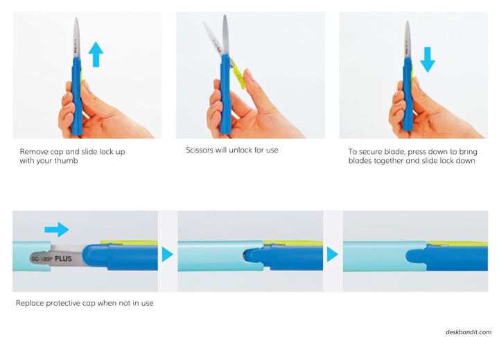 Twiggy Pen-Sized Scissors - Bushido by PLUS Stationery: Diagram shows usage steps, including blade release, locking mechanism, and protective cap application for safe storage. Ideal for travel convenience.