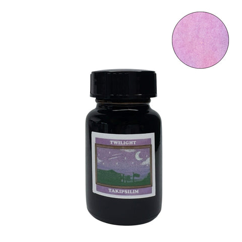 Vinta Inks Twilight (Takipsilim) 30ml fountain pen ink bottle, featuring a twilight scene label and a pinkish-purple ink swatch.