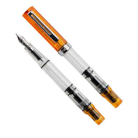 TWSBI ECO (Transparent Orange) - Medium fountain pens, one capped, one uncapped showing steel nib and piston-fill mechanism, with transparent barrels and bright orange caps.