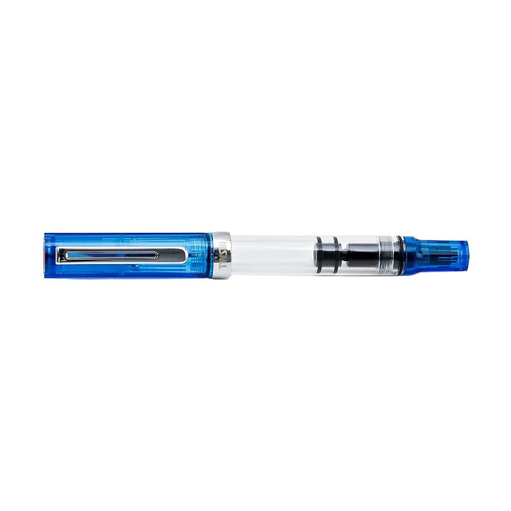 TWSBI ECO (Transparent Blue) - Extra Fine fountain pen features a clear barrel, visible piston-filling mechanism, blue end caps, and a silver clip on the cap.