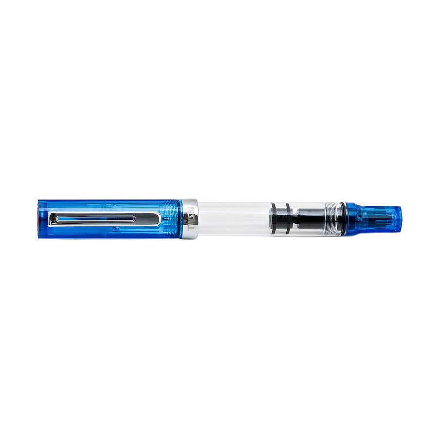 ECO (Transparent Blue) - Broad fountain pen with a clear barrel, showcasing a piston-fill mechanism, bright blue cap, and silver clip, ideal for ink enthusiasts.